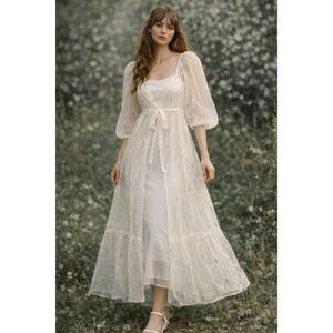 Express Womens Sheer Overlay Long Dress Fairy Romantic Size S/M White Silver